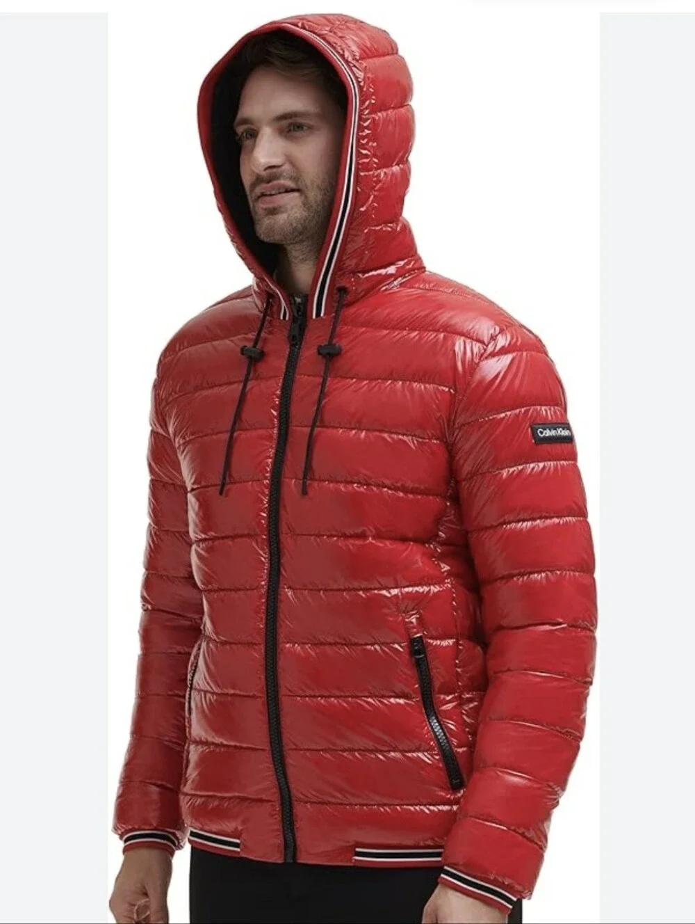 Calvin Klein Men's Hooded Red Super Shine Puffer Jacket - Size XL
